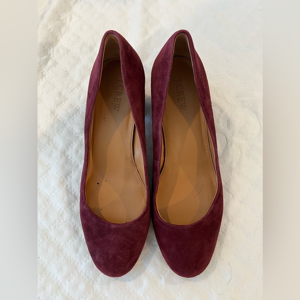 J Crew Factory women’s low heels, suede burgundy